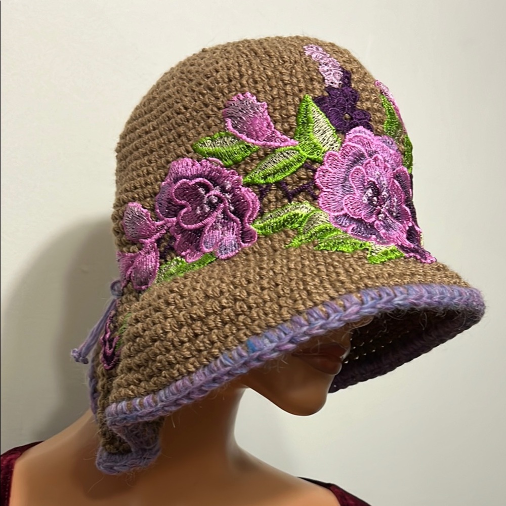 Chic Floral Embroidered Crochet Hat In Cafe Latte/Brown And Purple View 2